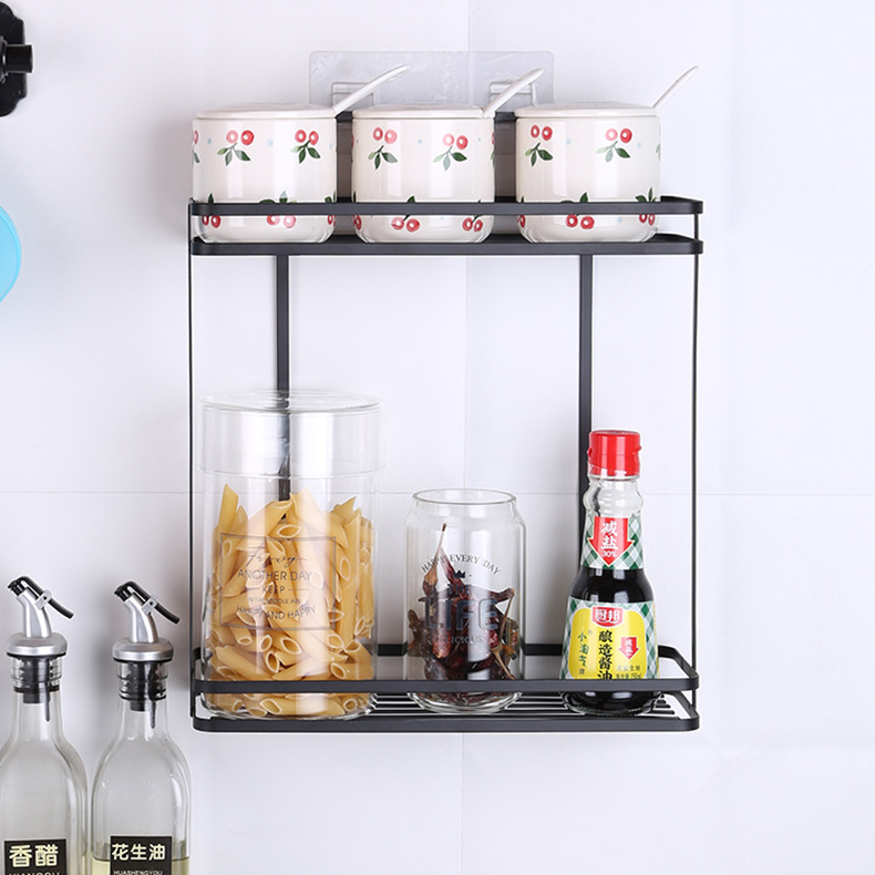 Wall-Mounted Double-Layer Iron Storage Rack Kitchen Seasoning Rack Bathroom Wash Supplies Storage Rack with Seamless Sticking Hook