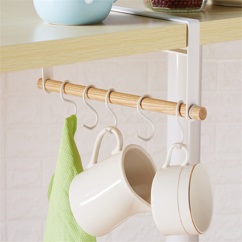 Japanese-Style Iron Cabinet Lower Hook Cup Holder Towel Storage Nail-Free Non-Perforated Wooden Handle Hanging Storage Rack