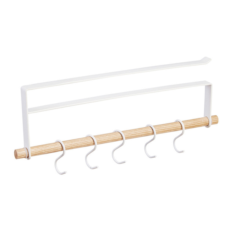 Japanese-Style Iron Cabinet Lower Hook Cup Holder Towel Storage Nail-Free Non-Perforated Wooden Handle Hanging Storage Rack