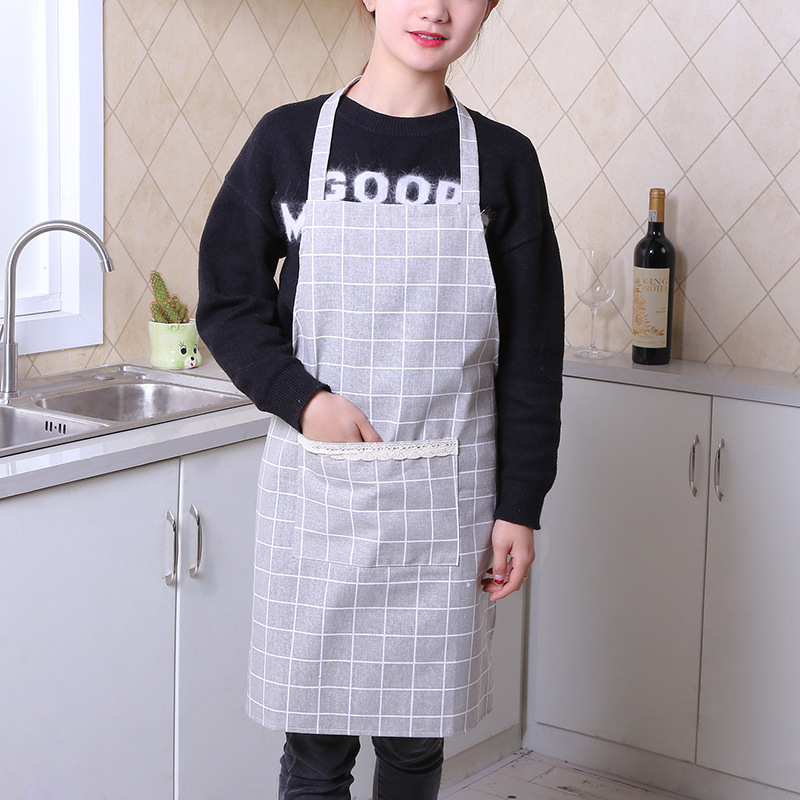 Direct sale of Korean version checked plain color literature and art hang neck apron cotton hemp restaurant kitchen coffee shop advertising apron wholesale