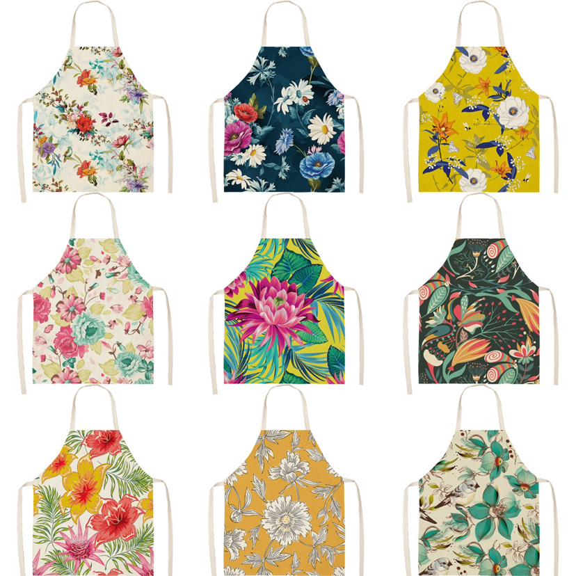 New Cross-Border Tropical Green Plant Flower Linen Printed Apron Size Can Be Customized