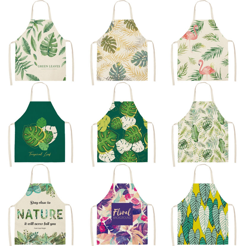 New Cross-Border Tropical Green Plant Flower Linen Printed Apron Size Can Be Customized