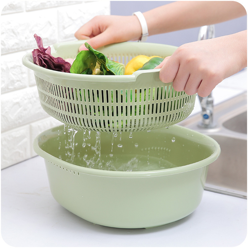 Plastic Double-Layer Vegetable Washing Basket Drain Basket Vegetable Washing Basket Kitchen Multi-Functional Washing Vegetables Basin Fruit Basket