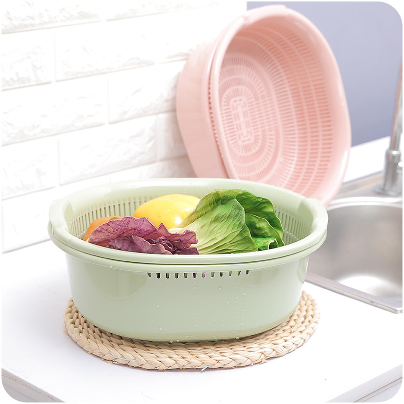 Plastic Double-Layer Vegetable Washing Basket Drain Basket Vegetable Washing Basket Kitchen Multi-Functional Washing Vegetables Basin Fruit Basket