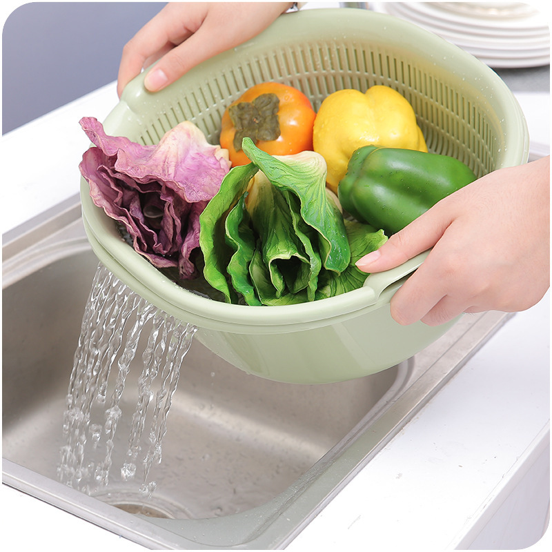 Plastic Double-Layer Vegetable Washing Basket Drain Basket Vegetable Washing Basket Kitchen Multi-Functional Washing Vegetables Basin Fruit Basket