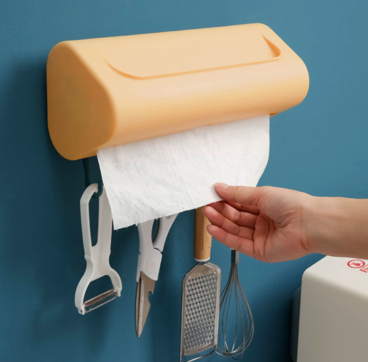 Multifunctional Kitchen Towel Rack 4 Hooks Punch-Free Seamless Roll Paper Plastic Wrap Wall-Mounted Shelf Tissue Storage