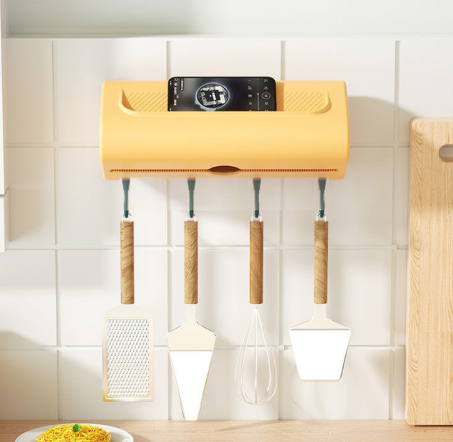 Multifunctional Kitchen Towel Rack 4 Hooks Punch-Free Seamless Roll Paper Plastic Wrap Wall-Mounted Shelf Tissue Storage