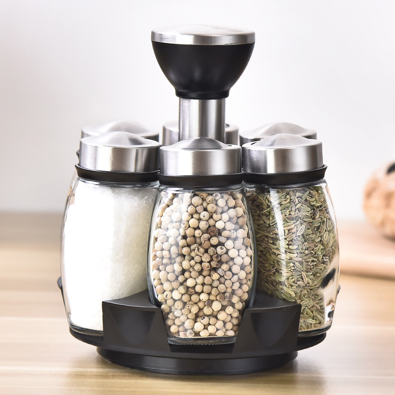 Stainless Steel Glass Rotating Six-Pack Seasoning Containers Salt MSG Seasoning Bottle Set Kitchen Supplies Factory