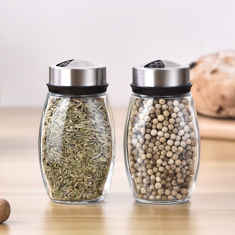 Stainless Steel Glass Rotating Six-Pack Seasoning Containers Salt MSG Seasoning Bottle Set Kitchen Supplies Factory