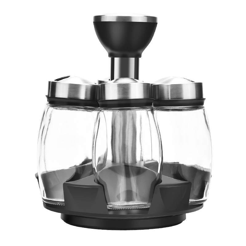 Stainless Steel Glass Rotating Six-Pack Seasoning Containers Salt MSG Seasoning Bottle Set Kitchen Supplies Factory