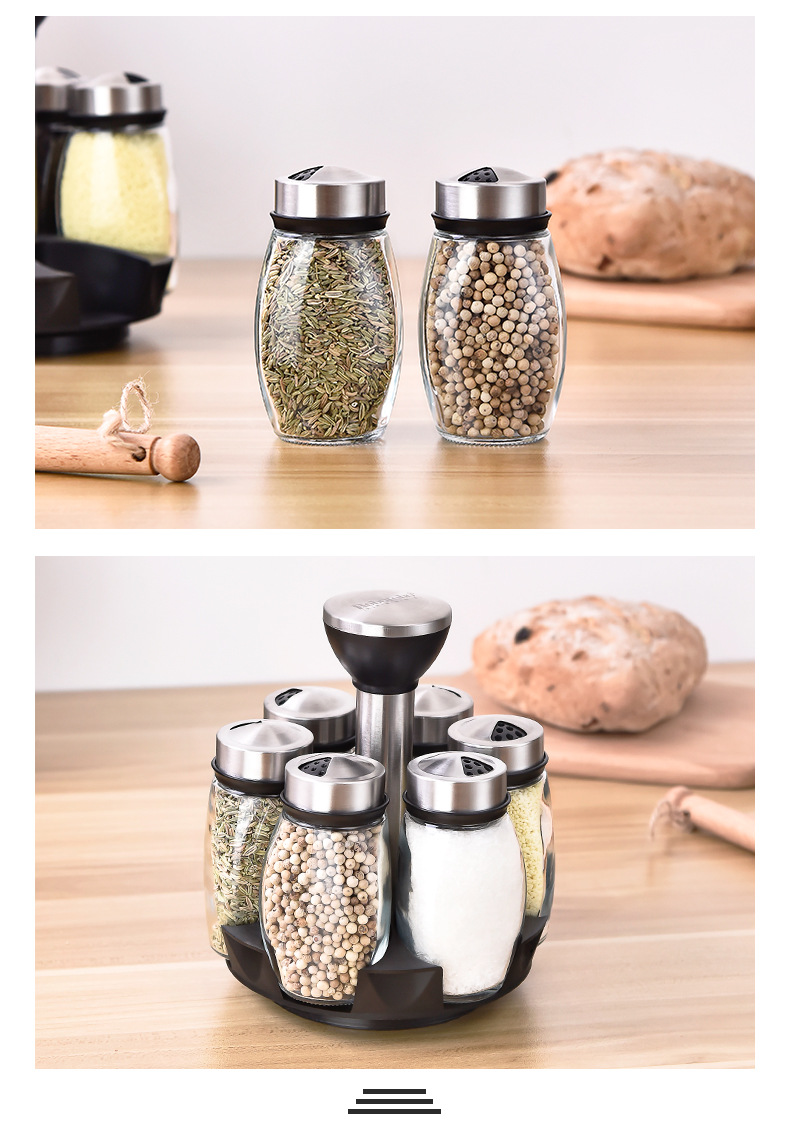 Stainless Steel Glass Rotating Six-Pack Seasoning Containers Salt MSG Seasoning Bottle Set Kitchen Supplies Factory