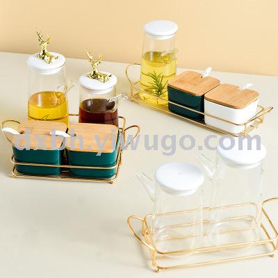 Nordic ceramic glass seasoning pot shelf kitchen combination salt sugar soy sauce vinegar light luxury seasoning bottle
