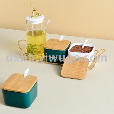 Nordic ceramic glass seasoning pot shelf kitchen combination salt sugar soy sauce vinegar light luxury seasoning bottle