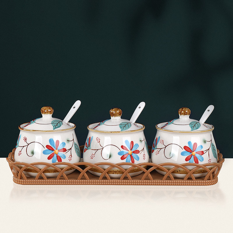 Japanese Pastoral Style Ceramic Seasoning Jar Seasoning Bottle Salt Jar Sugar/MSG Condiment Dispenser Home Use Set Combination Wholesale