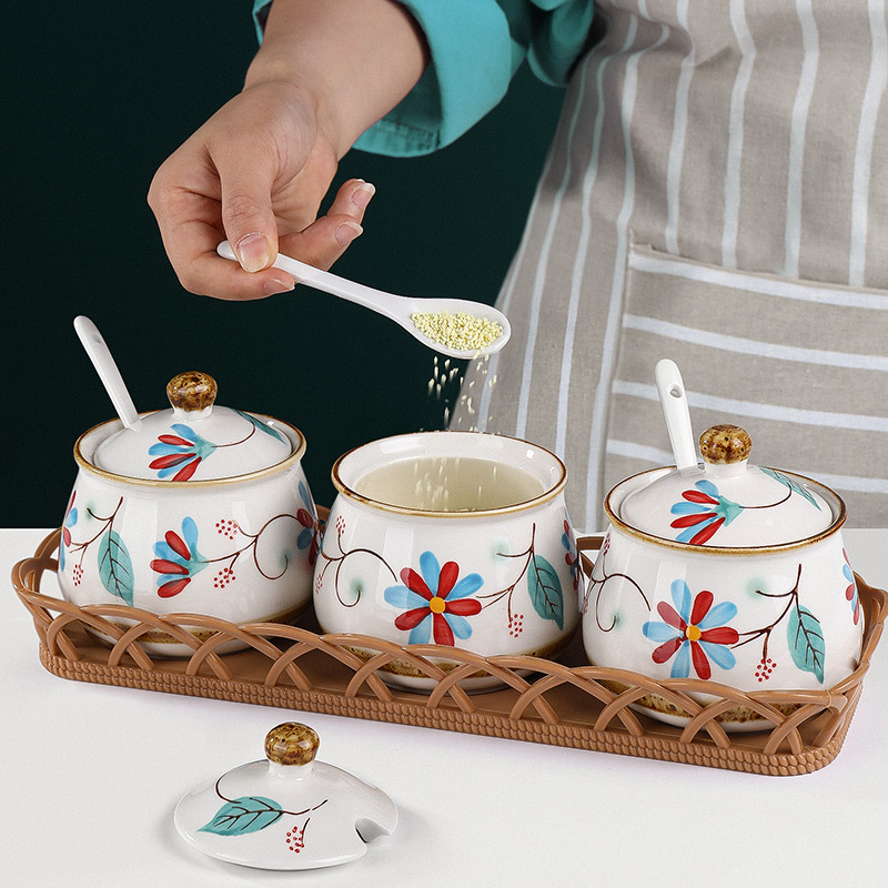Japanese Pastoral Style Ceramic Seasoning Jar Seasoning Bottle Salt Jar Sugar/MSG Condiment Dispenser Home Use Set Combination Wholesale