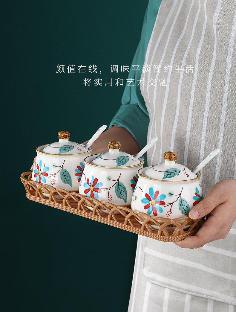 Japanese Pastoral Style Ceramic Seasoning Jar Seasoning Bottle Salt Jar Sugar/MSG Condiment Dispenser Home Use Set Combination Wholesale