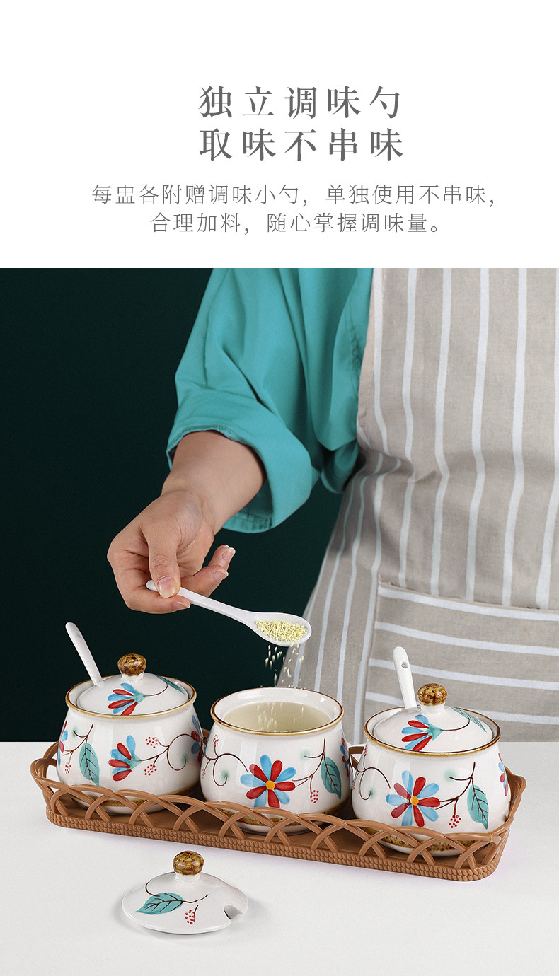 Japanese Pastoral Style Ceramic Seasoning Jar Seasoning Bottle Salt Jar Sugar/MSG Condiment Dispenser Home Use Set Combination Wholesale