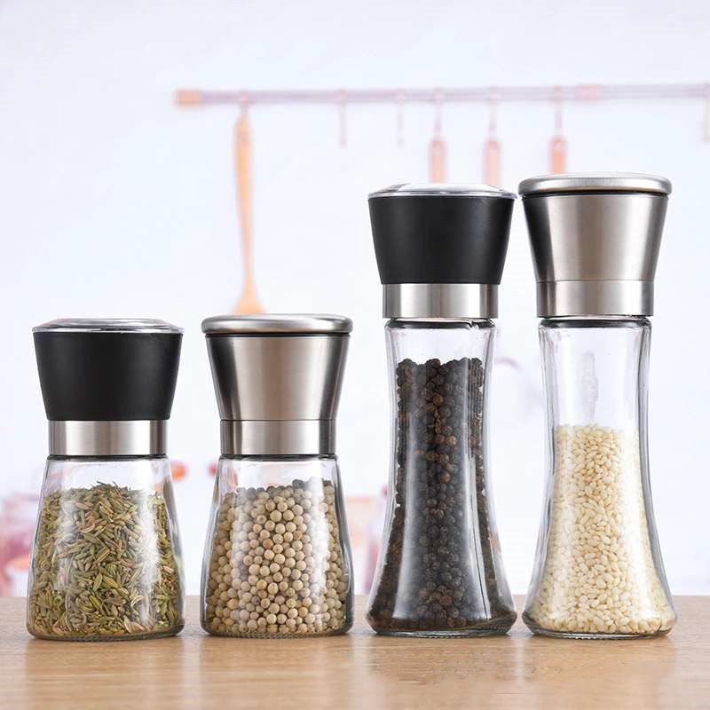 Wholesale Manual Grinding Device Kitchen Seasoning Glass Bottle 304 Stainless Steel Paper Shredder Seasoning Bottle Black Pepper Glass