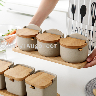 Japanese Bamboo Wood Pottery Clay Seasoning Jar Seasoning Box Creative Ceramic Seasoning Jar Seasoning Bottle Salt Jar