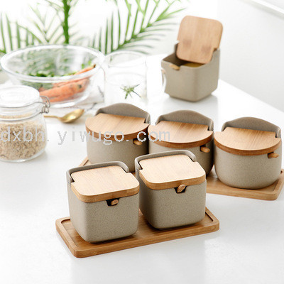 Japanese Bamboo Wood Pottery Clay Seasoning Jar Seasoning Box Creative Ceramic Seasoning Jar Seasoning Bottle Salt Jar