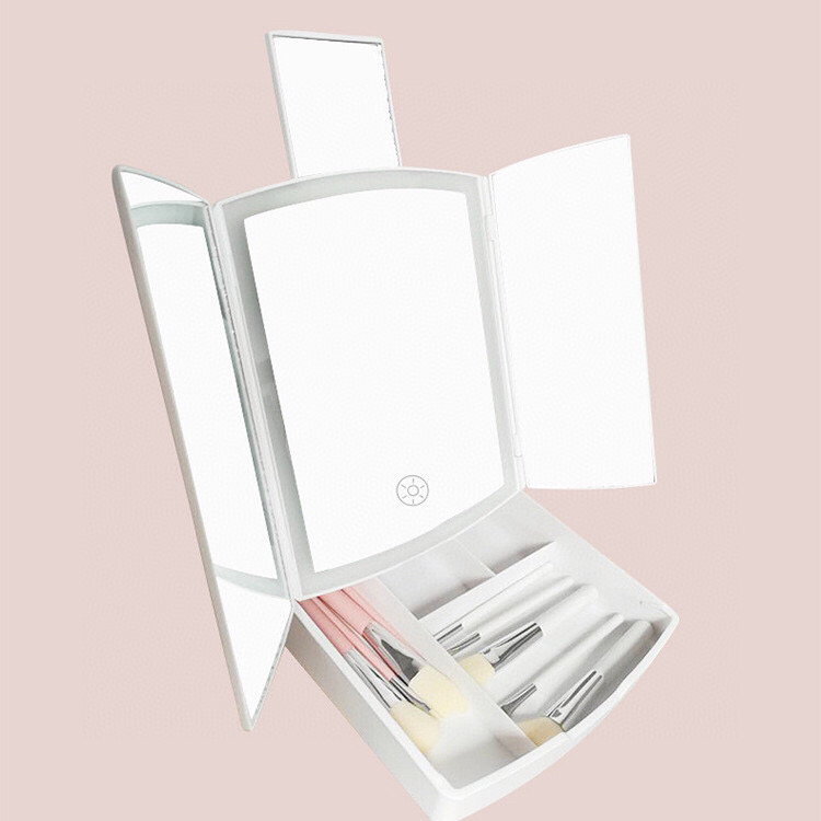 Three-Fold Cosmetic Mirror Light with Mirror with Magnifying Luminous Led Make-up Mirror Desktop Storage Dressing Mirror Factory Direct Sales