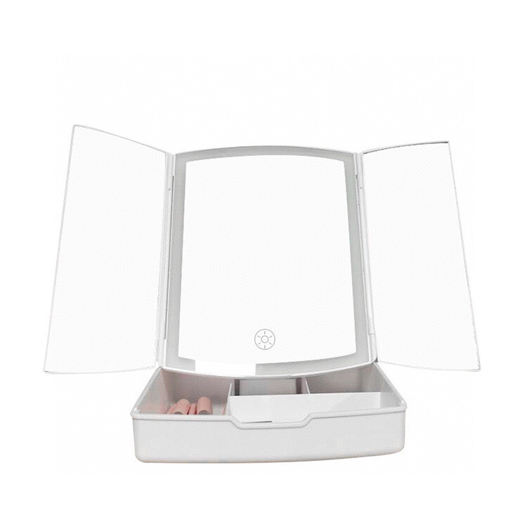 Three-Fold Cosmetic Mirror Light with Mirror with Magnifying Luminous Led Make-up Mirror Desktop Storage Dressing Mirror Factory Direct Sales