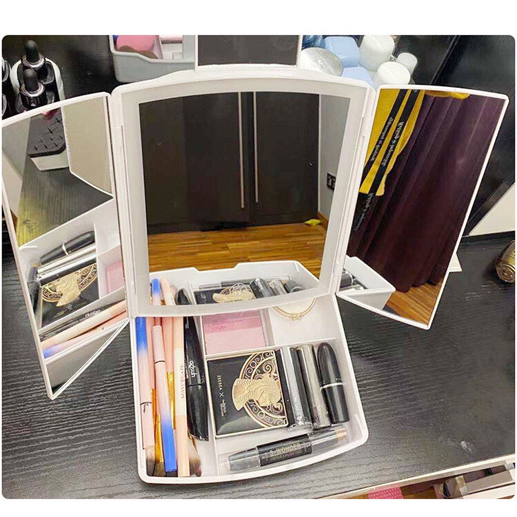 Three-Fold Cosmetic Mirror Light with Mirror with Magnifying Luminous Led Make-up Mirror Desktop Storage Dressing Mirror Factory Direct Sales