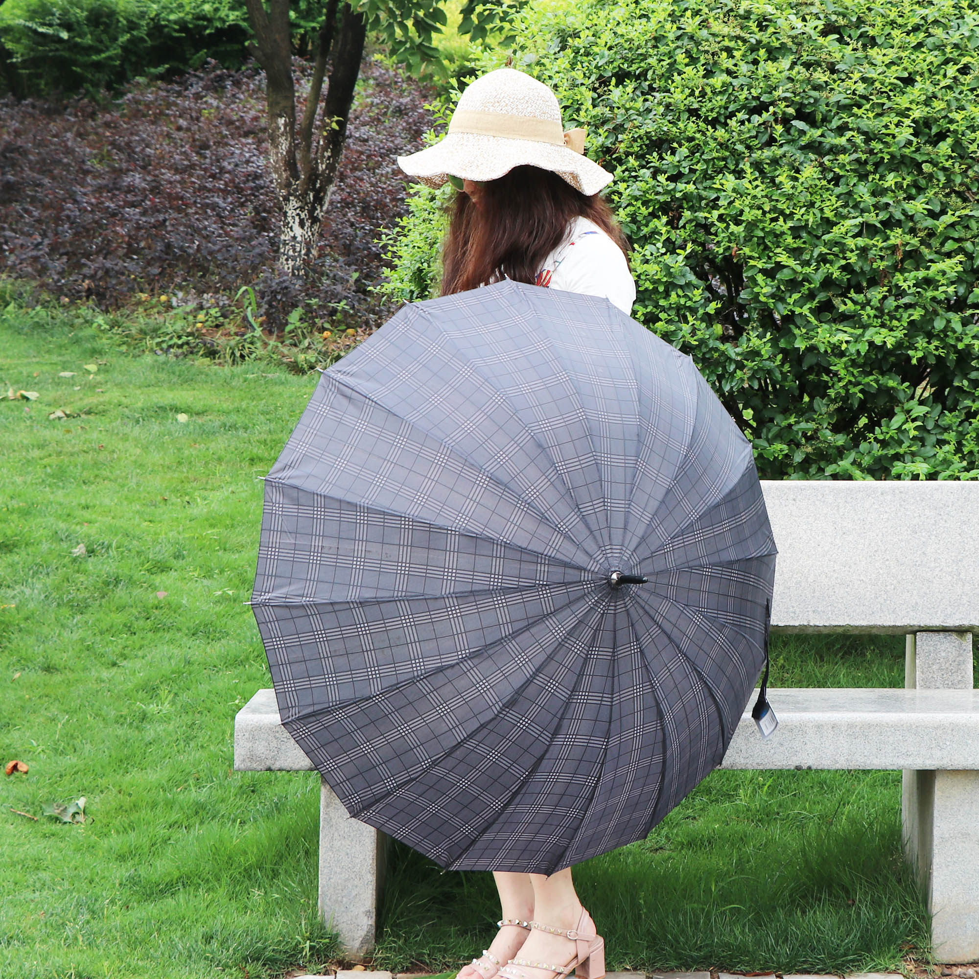 2610G dark plaid umbrella 16 bone polyester fabric umbrella handle wholesale