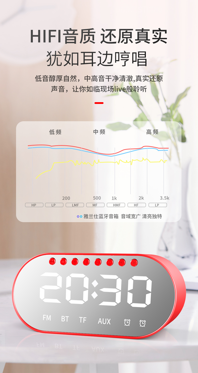  wireless Bluetooth clock alarm clock, portable speaker, heavy weight subwoofer, small audio player, plug-in card audio
