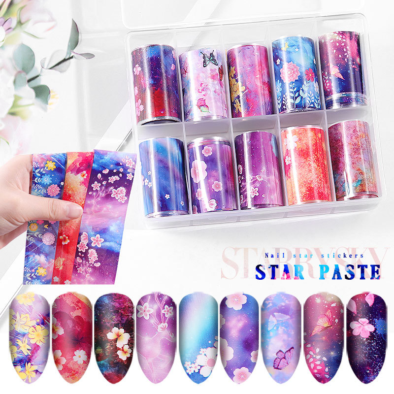 Cross-Border New Arrival Nail Art Flower Starry Sky Series Transfer Paper Internet Celebrity Nail Sticker Flower Laser Starry Sky Paper Decoration