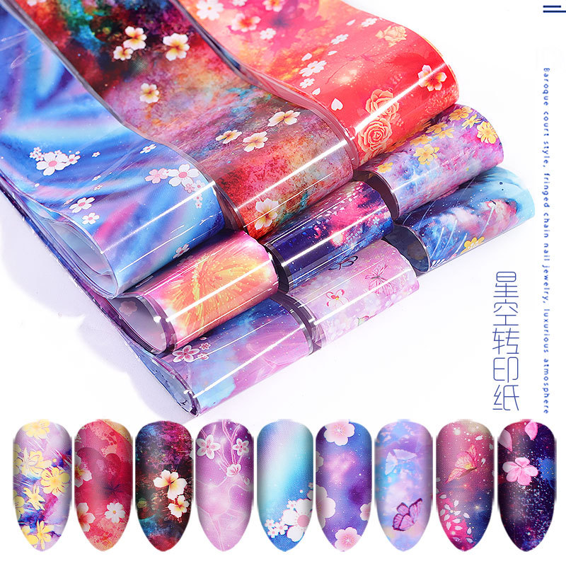 Cross-Border New Arrival Nail Art Flower Starry Sky Series Transfer Paper Internet Celebrity Nail Sticker Flower Laser Starry Sky Paper Decoration