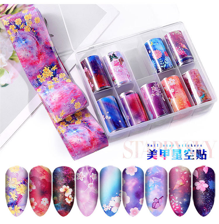Cross-Border New Arrival Nail Art Flower Starry Sky Series Transfer Paper Internet Celebrity Nail Sticker Flower Laser Starry Sky Paper Decoration